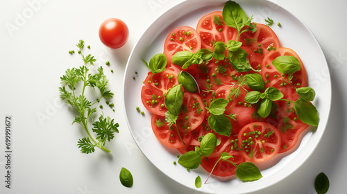 Slices of red tomato with different greenery on the white plate, top view