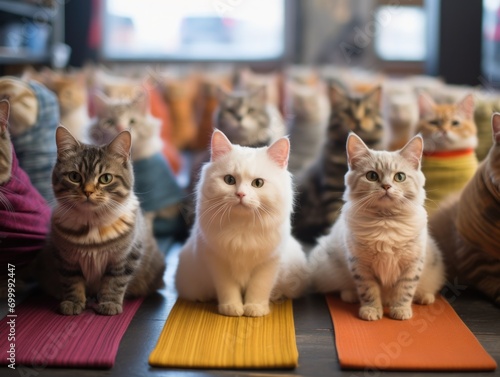 A playful group of cute domestic cats sitting on yoga mats at a yoga studio. Generative AI.