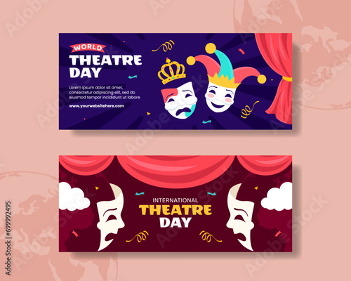 Theatre Day Horizontal Banner Flat Cartoon Hand Drawn Templates Background Illustration