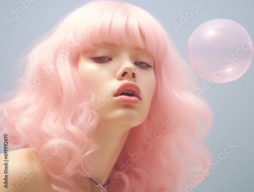 Young woman with pink hair and bubblegum. © Anna