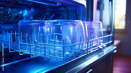 Clean dishes in an open dishwasher photo
