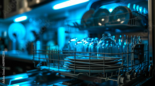 Clean dishes in an open dishwasher