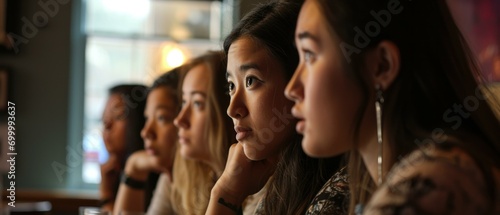 A group of young women sitting at a table. Generative AI.