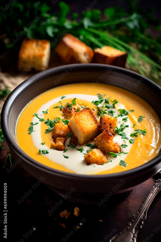 Cream soup with croutons in a plate. Selective focus.