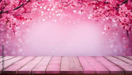 Empty wooden table  pink color with heart theme in background. Ai