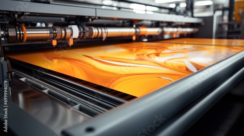 Machine digital printing light orange cotton cloth. Generative AI. photo