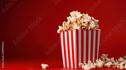 Striped Box with Popcorn on the Red Background, Copy Space. Snack, Movie, Film, Cinema
