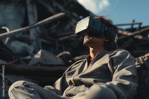 Low angle of homeless person with VR goggles in post apocalyptic city. Generative AI.