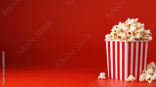 Striped Box with Popcorn on the Red Background, Copy Space. Snack, Movie, Film, Cinema
