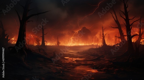 Landscape dark molten burning red planet, Fire, Burning, Smoke, Large black dead trees. Generative AI.