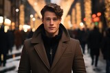 A men with with short straight brown hair in long coat standing in Christmas in New York. Generative AI.