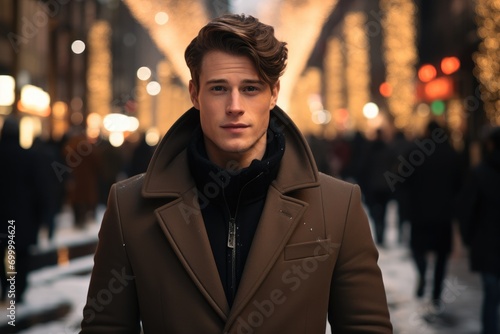 A men with with short straight brown hair in long coat standing in Christmas in New York. Generative AI.