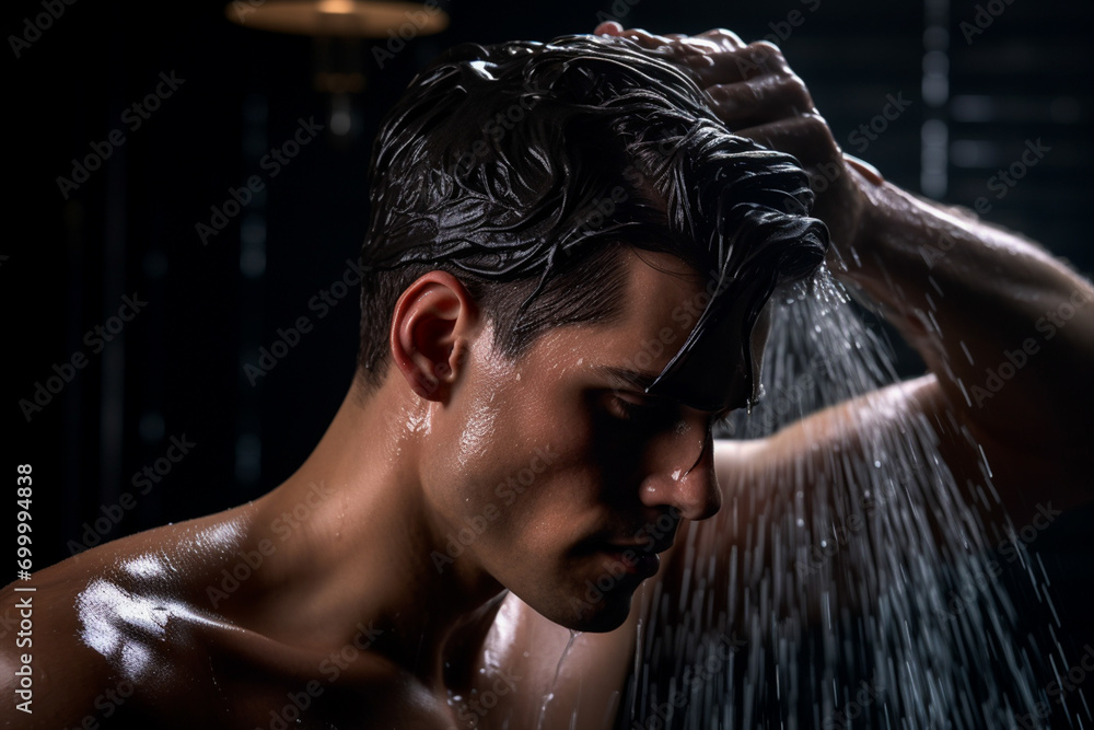 Obraz na plátně handsome man washing in the shower, Generated AI
