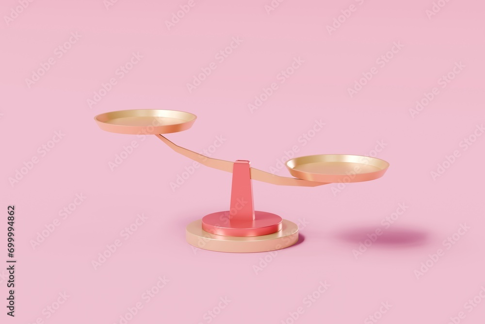3d Imbalance scales icon on pink background. comparison weight or unbalanced scales  icon. minimal cartoon.3D Rendering. Banner, a place for text, copy space.