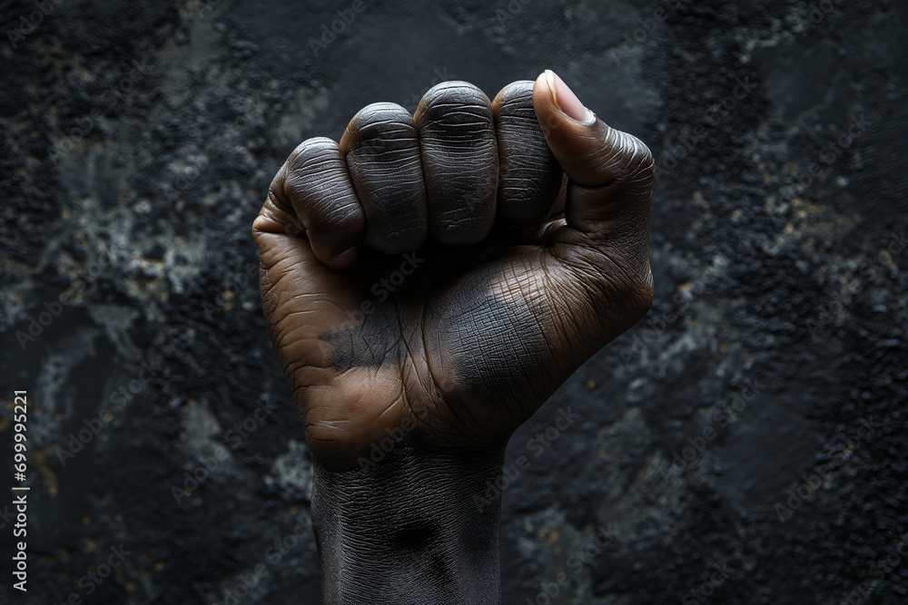 Silhouette of a clenched fist against a black background, symbolizing unity and strength for Black History Month. Silhouette of a clenched fist against a black background, symbolizing unity and strength for Black History Month.