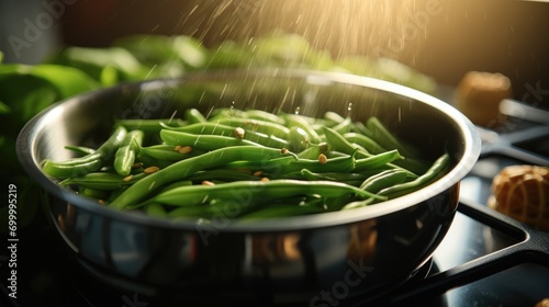 Green beans in a pot of boiling water with a timer visible in the background. Generative AI. photo