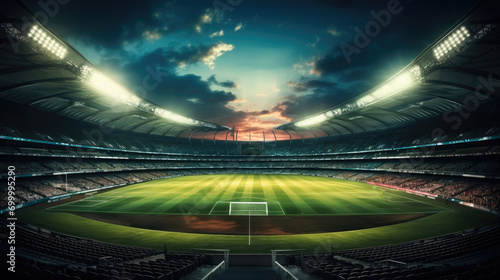 Cricket stadium with neon environment. Generative AI. © visoot