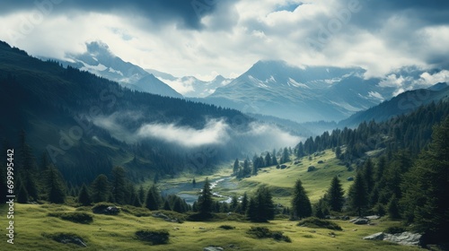 Clouds lay over mountain scenery. Generative AI.