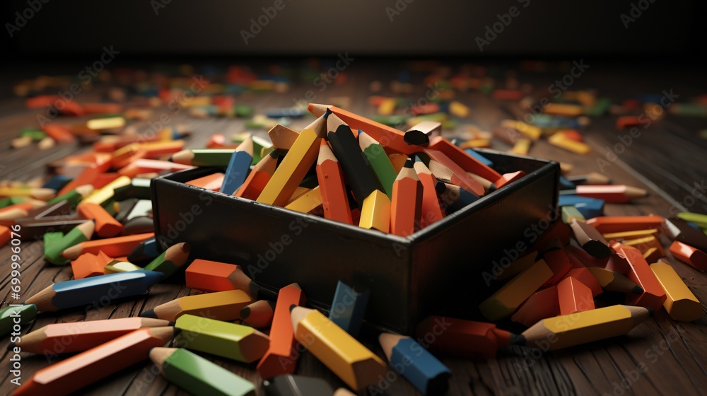 broken crayons, a box of broken crayons as a metaphor for stolen creativity and joy - obrazy, fototapety, plakaty 