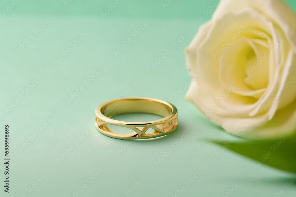 Gold ring on a green pastel background Gold ring on a green pastel background