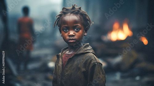 Portrait of a dark-skinned girl in the slums. A little girl looks at the camera with sad emotions. The problem of hunger and poverty in Africa. photo
