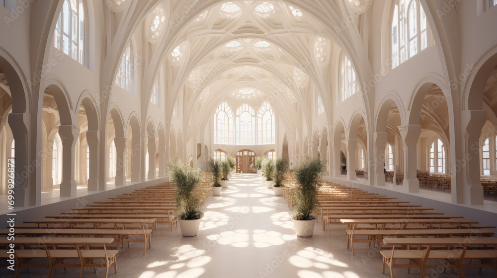 A wedding venue with a central open space in a vaulted arch shape. Generative AI.