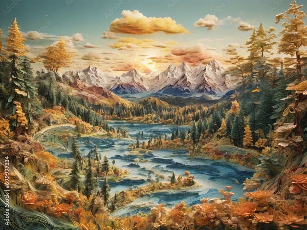 landscape mountain background dynamic textured paper quilling with Generative AI Techonology landscape mountain background dynamic textured paper quilling with Generative AI Techonology