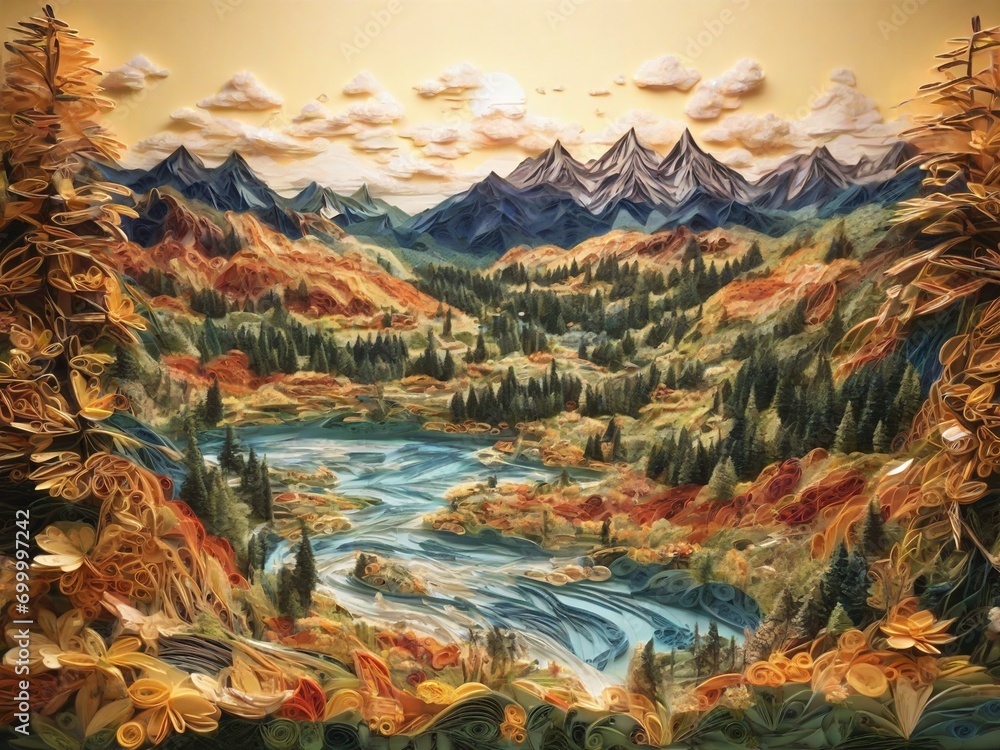 landscape mountain background dynamic textured paper quilling with Generative AI Techonology