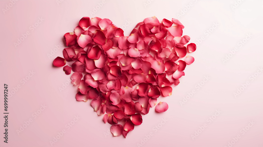 Heart made of red rose petals on a pink background. Symbol of love and romance on Valentine's Day and International Women's Day Heart made of red rose petals on a pink background. Symbol of love and romance on Valentine's Day and International Women's Day