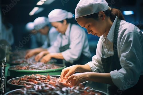 A shrimp factory workers working in a factory. Generative AI. photo