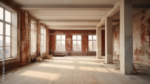 Apartment unfinished, No floor finishing, Unpainted, Red brick. Generative AI. © visoot