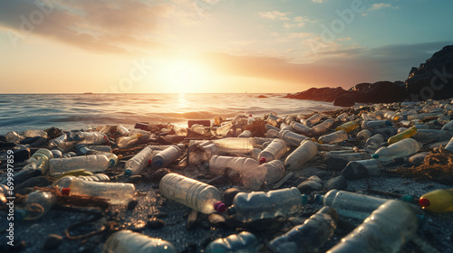 The environment is being destroyed by waste water bottles on the beach. Ai generate. © MOUNTAIN