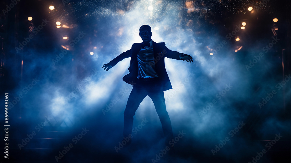 Man dancing in a nightclub, blue light, tuxedo, shirt, formal outfit, afterwork, luxury, vip night, smoke and light effect, man having fun, party in the evening, businessman 