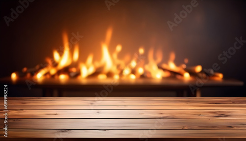 Empty wooden table with fire and celebration theme in background. Ai