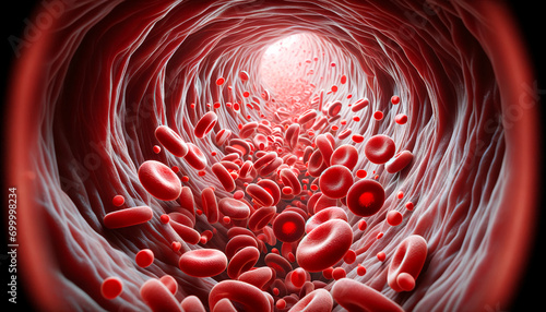 3D Rendering of Red Blood Cells in Vascular Flow - Detailed Erythrocyte Structure Inside Human Artery for Medical and Healthcare Illustration. AI Generative. photo