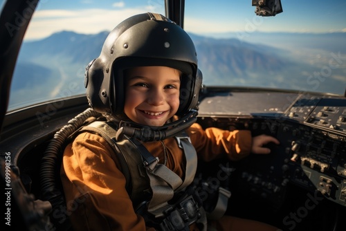A kid fighter pilot flying a modern jet. Generative AI.