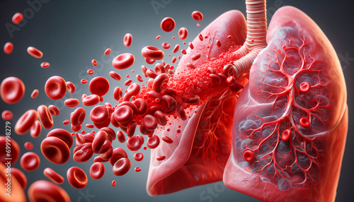 Medical Illustration of Red Blood Cells in Human Lungs - Erythrocytes Oxygenation and Respiratory Health. Oxygen Transport Visualization. AI Generative. photo