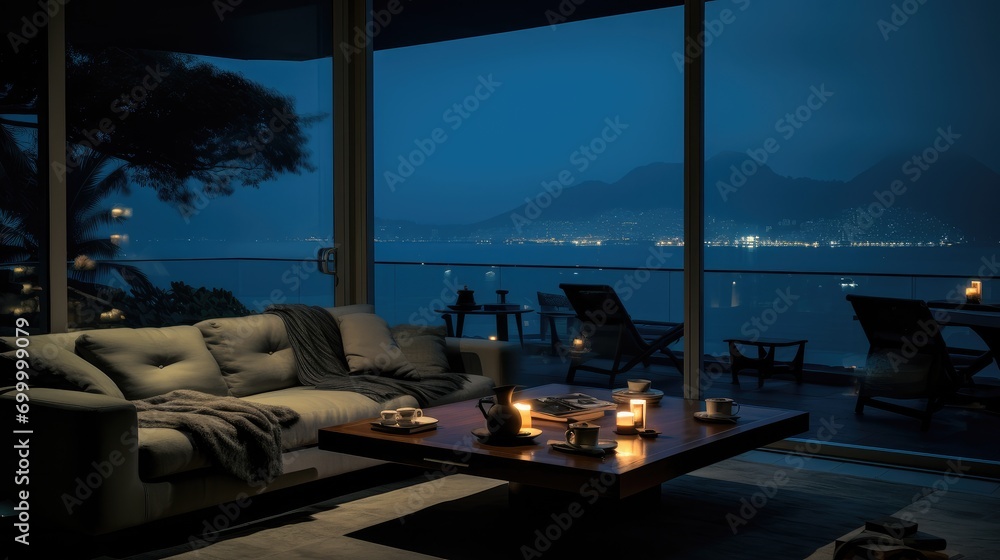 Fototapeta premium A living room overlooking the sea at night. Generative AI.