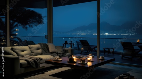 A living room overlooking the sea at night. Generative AI. © visoot