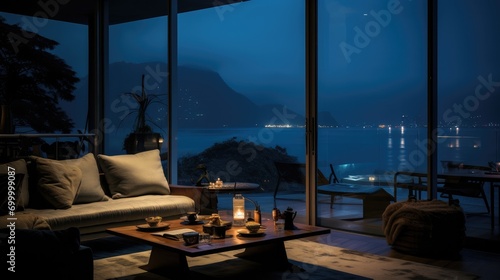 A living room overlooking the sea at night. Generative AI. © visoot