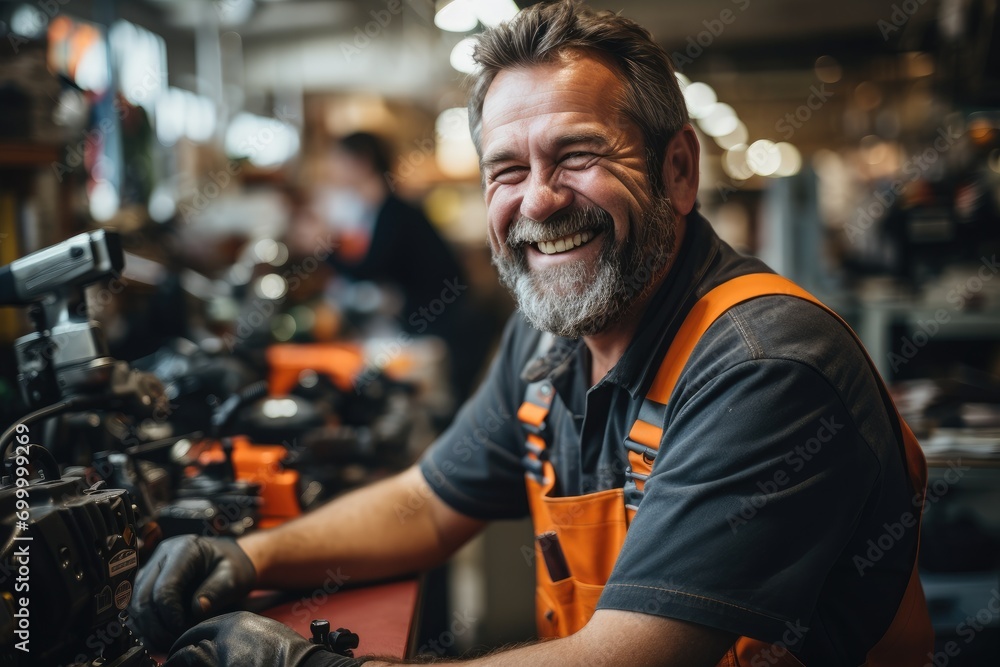 Happy middle aged worker in powertools shop. Generative AI. Happy middle aged worker in powertools shop. Generative AI.