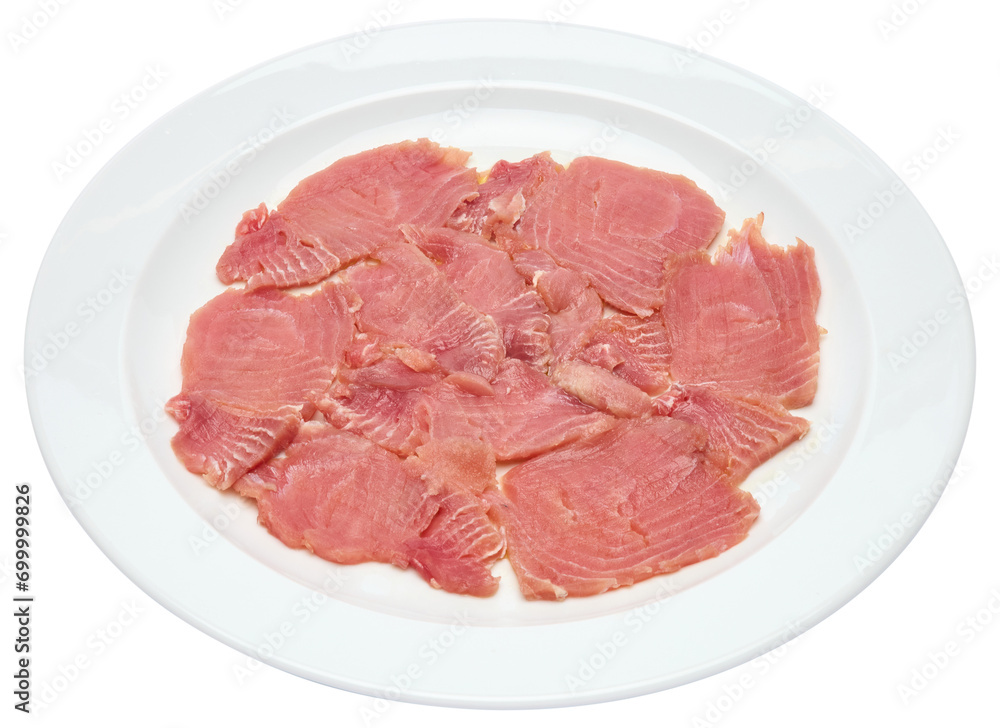 tuna carpaccio - slices of fresh raw tuna fillet on white ceramic plate