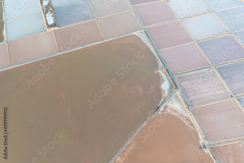 Natural reserve of the Saline dello Stagnone, near Marsala and Trapani, Sicily.,Aerial picture of Trapani salt evaporation ponds and salt mounds these ponds are filled from ocean and salt crystals are