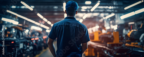 Male worker back in workshop car manufacturing plant against background robotic assemblers, disassembled bodies under neon lighting from halogen lamps. Automotive industry. Automated assembly lines