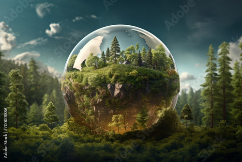 A glass sphere houses a hyperrealistic forest, creating a fantasy overgrown world. photo