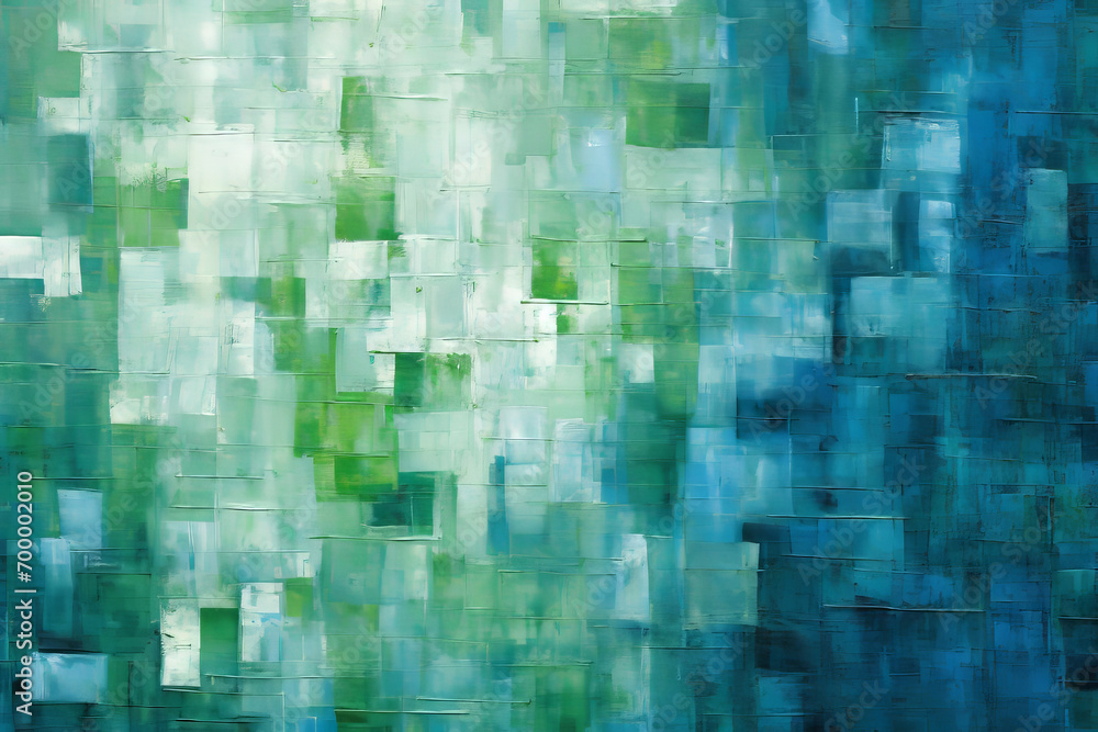 Painting of blue and green squares on a wall, showcasing a vibrant and abstract play of tones in this visually appealing artwork.