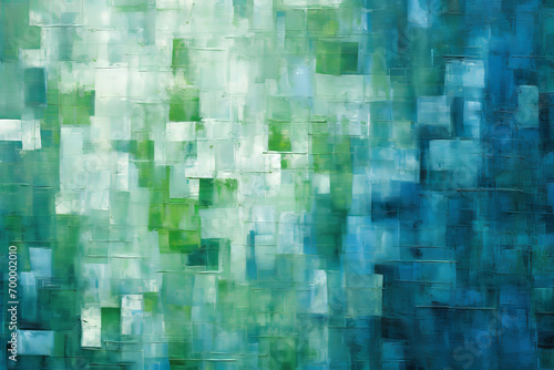 Painting of blue and green squares on a wall  showcasing a vibrant and abstract play of tones in this visually appealing artwork.