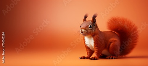 Close-up of a squirrel against an orange background, rendered in red realistic 3D, creating a visually striking and vibrant composition.