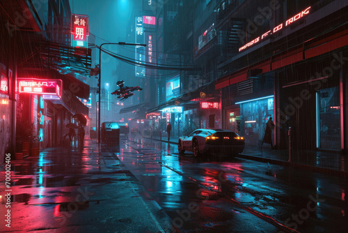 A surreal cyberpunk cityscape at twilight, where neon lights reflect on rain-soaked streets