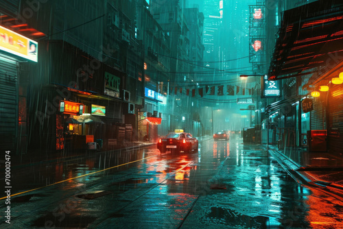 A surreal cyberpunk cityscape at twilight, where neon lights reflect on rain-soaked streets © Venka